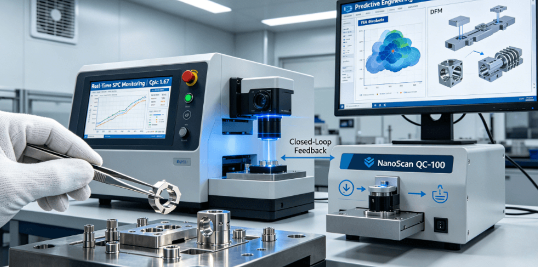 A close-up, hyper-realistic industrial scene showing a technician using anti-static tweezers to remove a tiny, complex metal stamped part from a micro-stamping press. An integrated in-line optical measurement system scans the part, with real-time SPC data and FEA simulation visible on monitors in the background, illustrating a predictive, closed-loop precision manufacturing process.