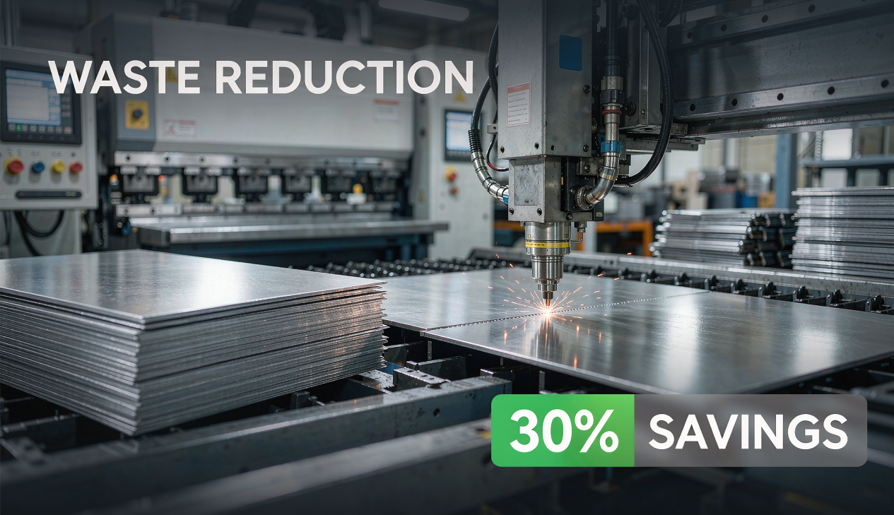 Laser cutting machine processing sheet metal stacks with waste reduction
